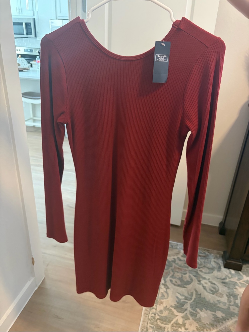 Abercrombie & Fitch Ribbed Long-Sleeve Dress in Deep Rust